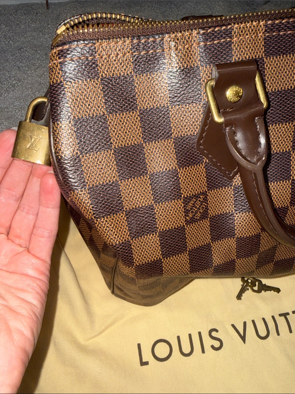 Louis Vuitton Brown Damier Ebene Satchel with Gold Hardware - Picture 3 of 3
